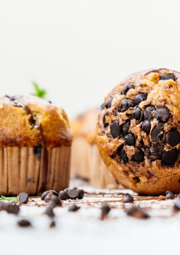 Sweet dessert with chocolate chip on stone white background